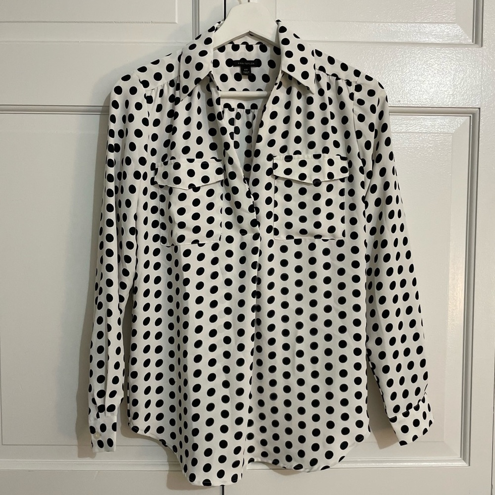 Ann Taylor Black and White Button Down Shirt with Notched Collar